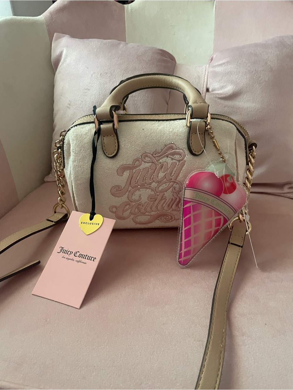 Juicy Couture Beige and Pink Mini Crossbody Satchel with Ice Cream Charm